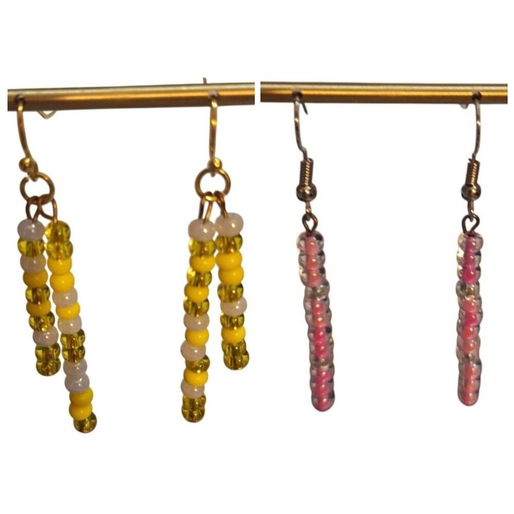 Long Dangle Seed Bead Earrings Pink/Silver Yellow/gold/white Lot of 2